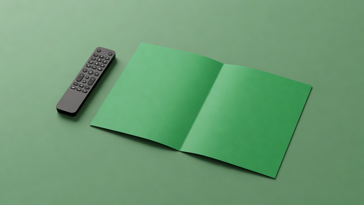Soft-lit remote beside an open blank season folder on a plain green background