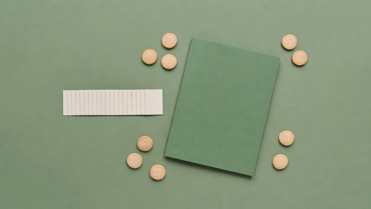 Soft-lit small episode tabs beside a closed plain folder on a muted-green background
