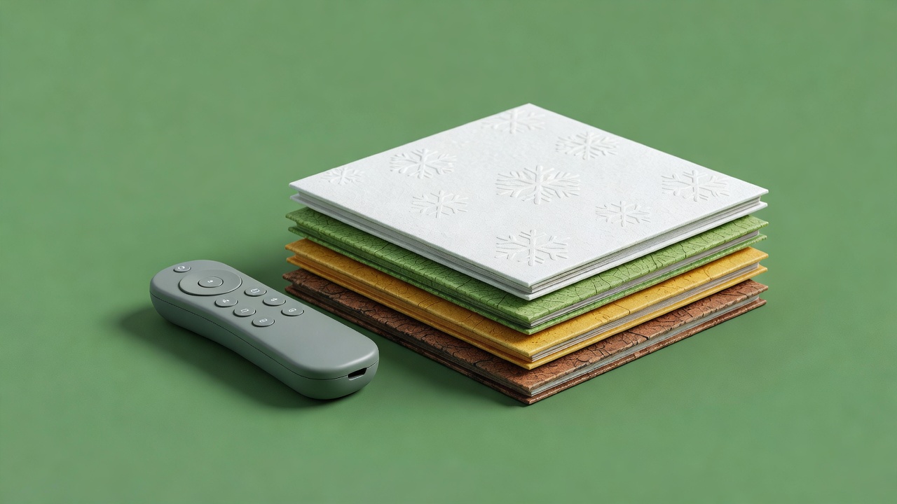 Soft-lit three-dimensional remote beside square season folders on a plain green background