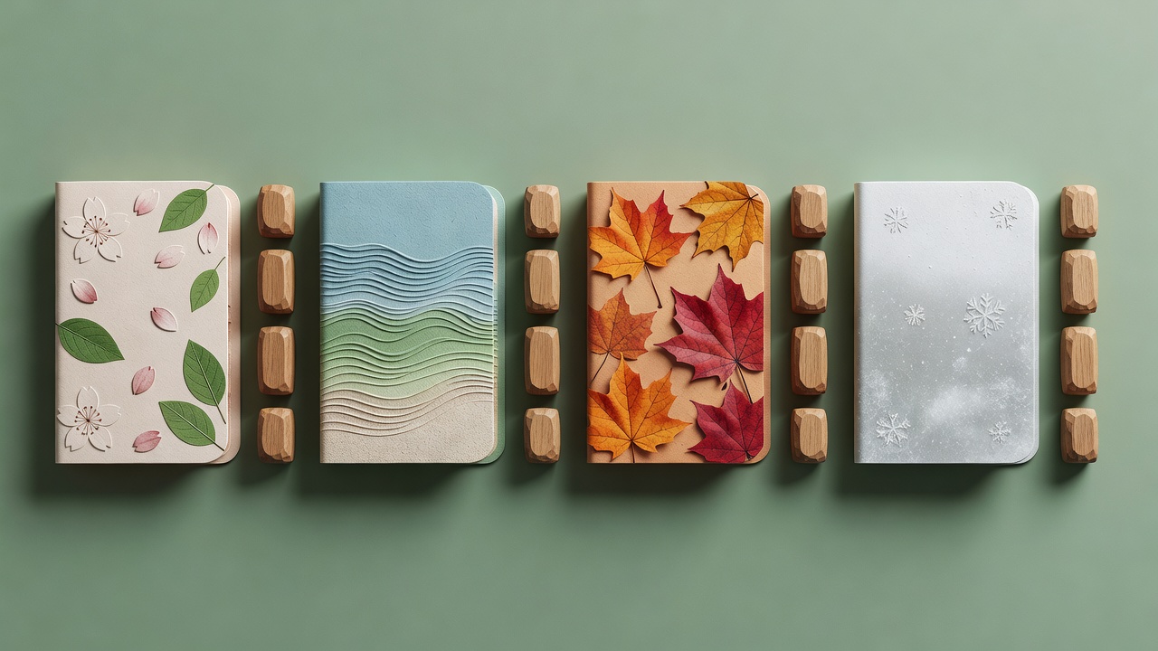 Soft-lit three-dimensional season folders aligned beside numbered episode markers on a plain green surface