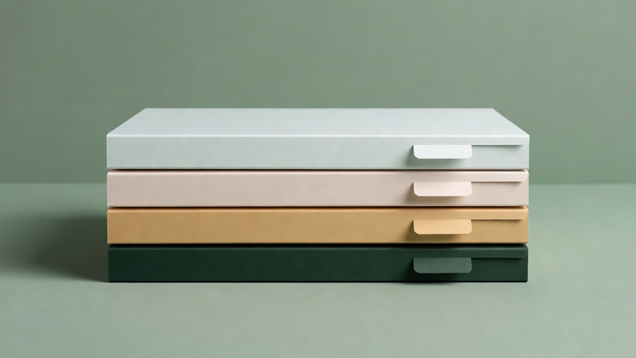 Soft-lit stacked season folders with simple numbered tabs on a plain muted-green background
