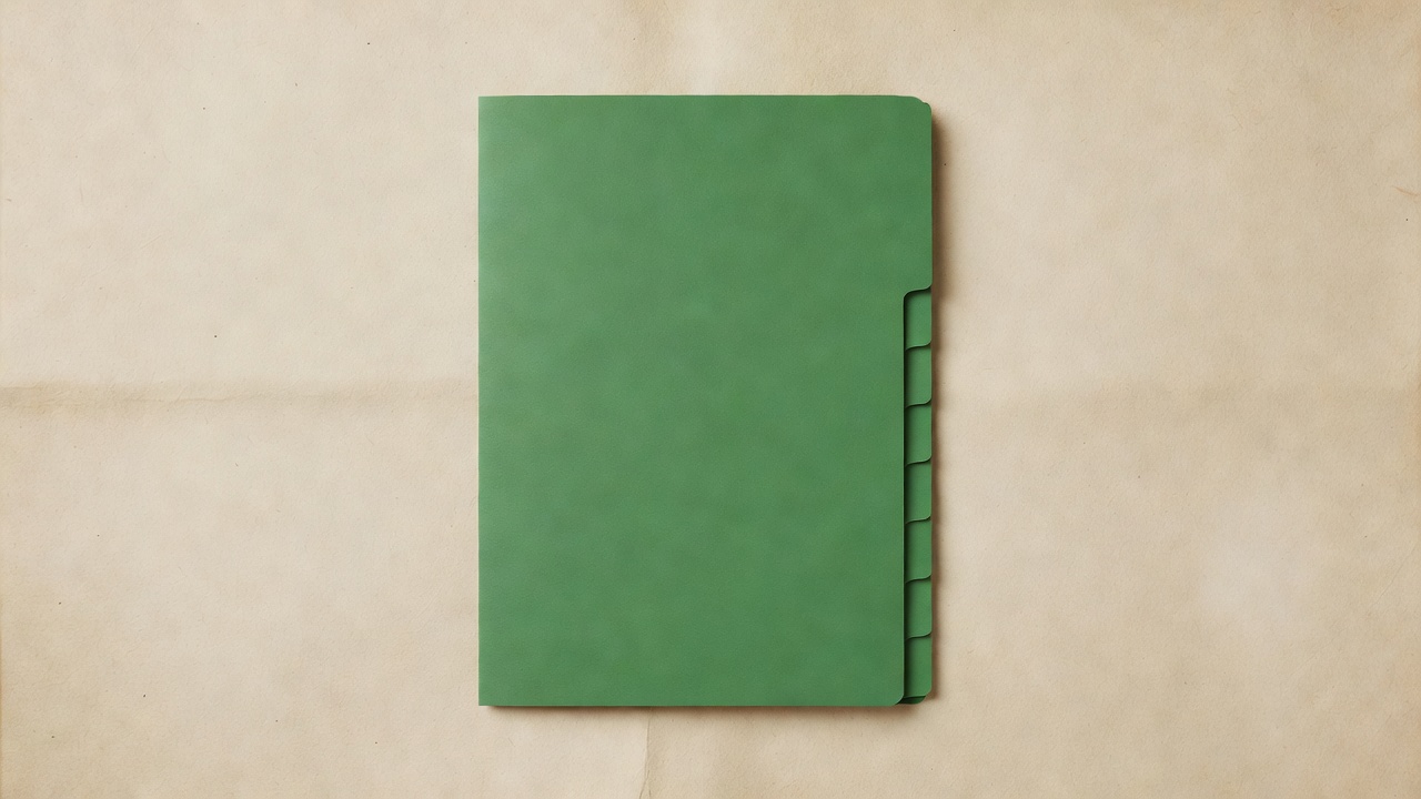 Soft-lit plain green folder with aligned episode index tabs on a flat parchment background