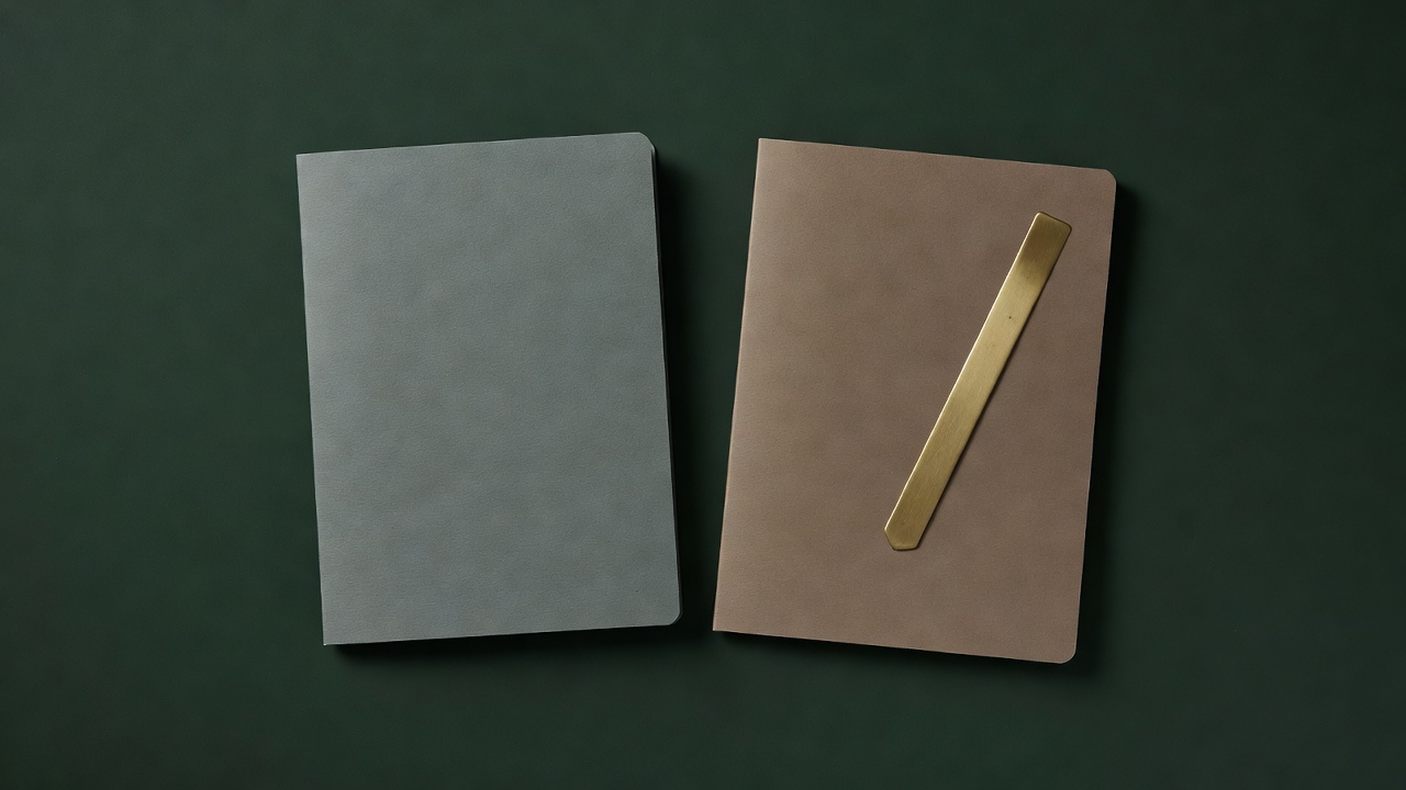 Soft-lit closed season folder and a brass-coloured bookmark on a plain forest-green background